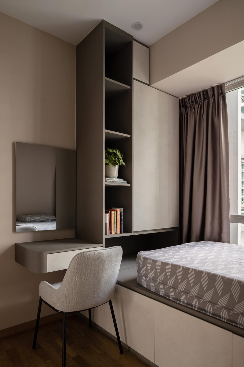 Modern Bedroom with Bookshelf and Platform Bed