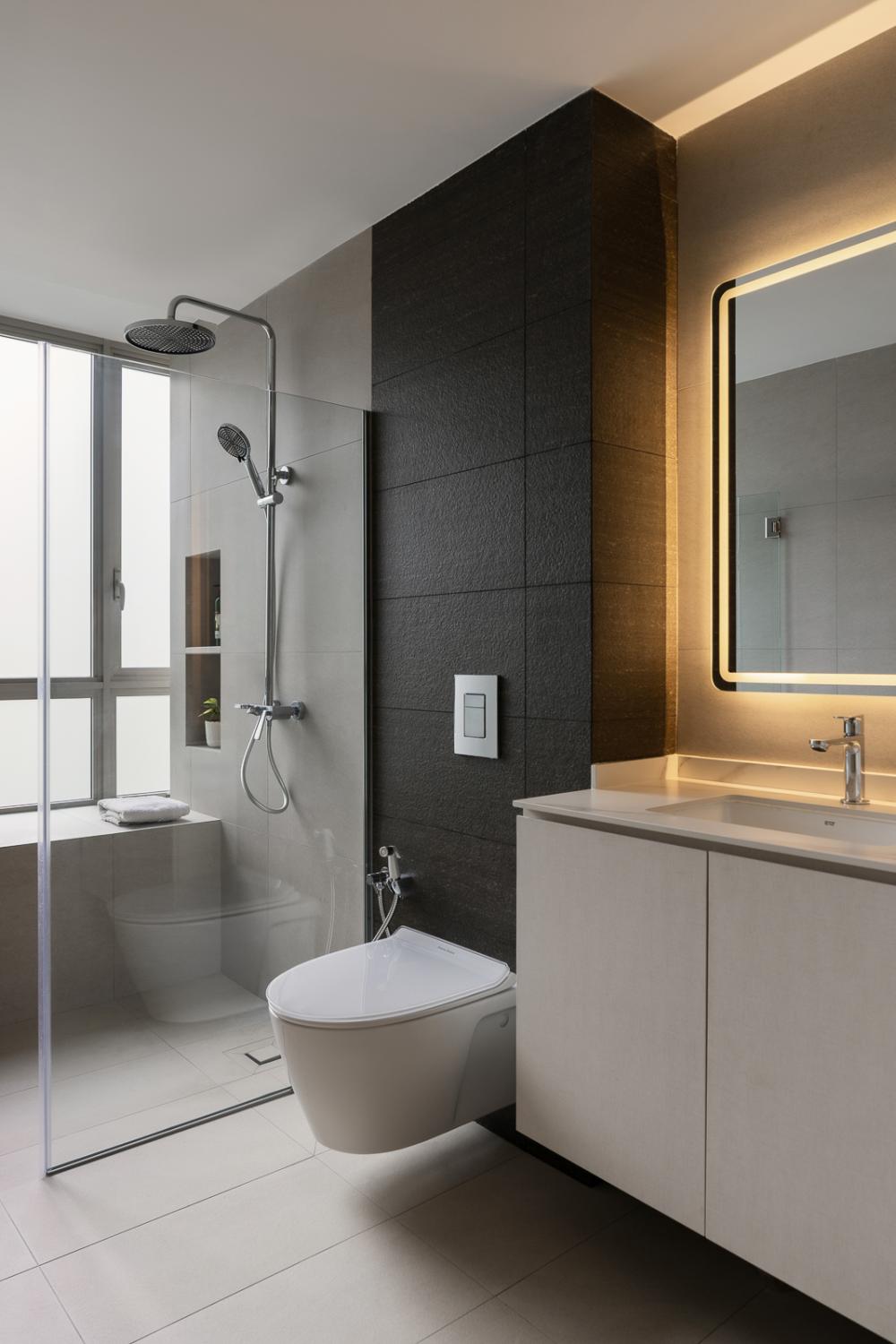 Modern Bathroom with Countertop and Homogeneous Tiles