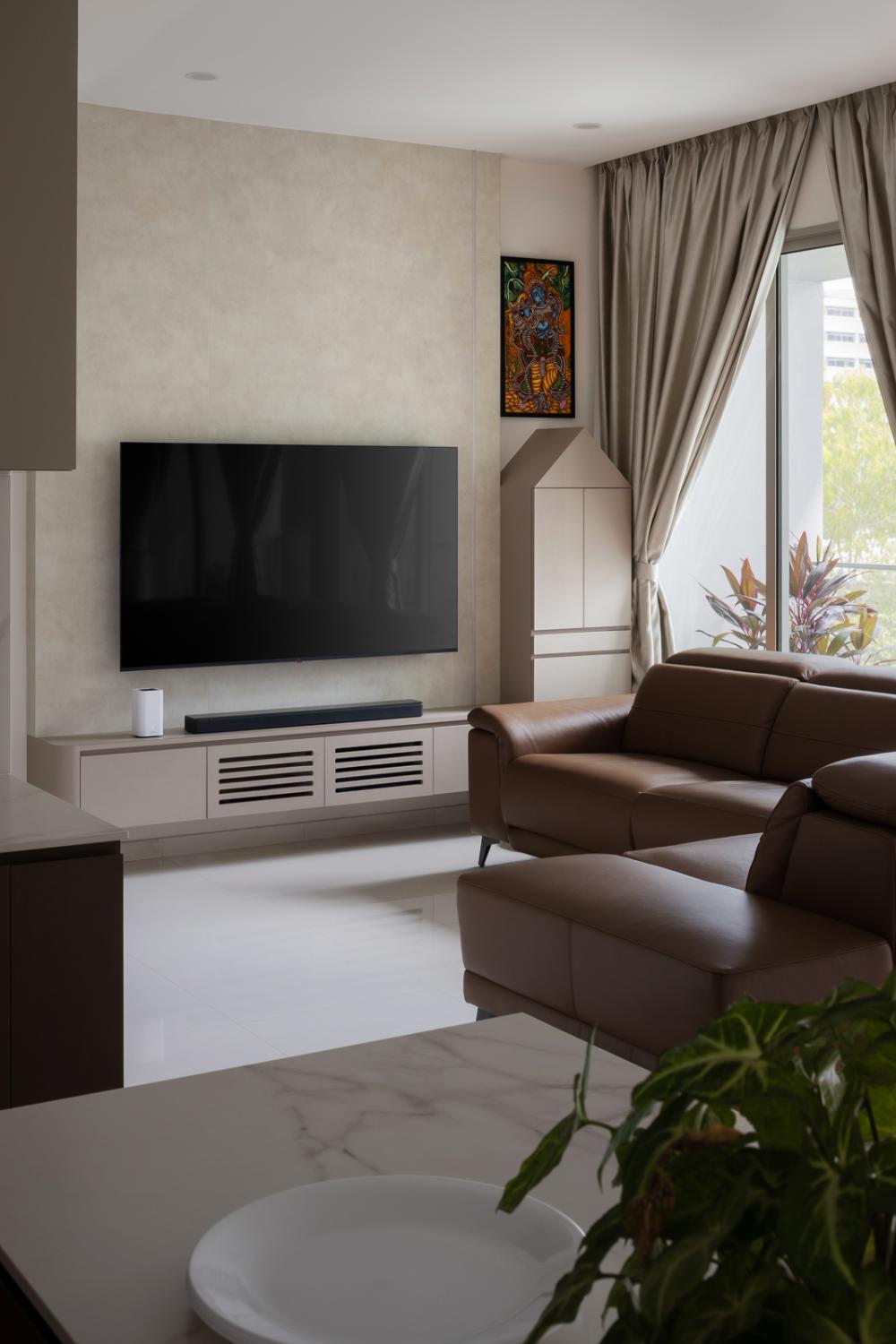 Modern Living Room with Homogeneous Tiles and TV Console