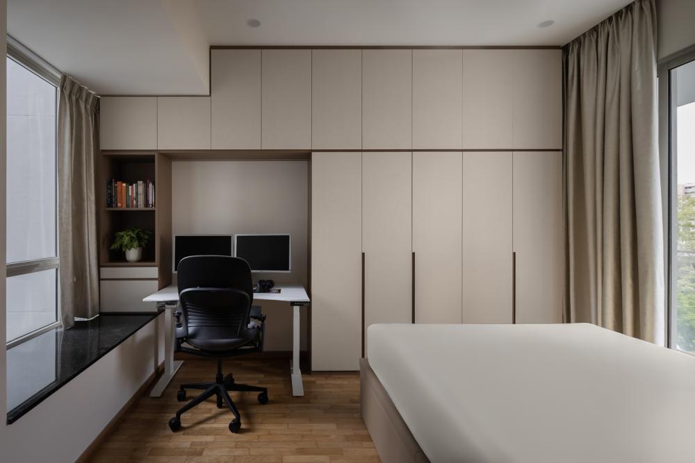 Modern Bedroom with Bookshelf and Drop Light