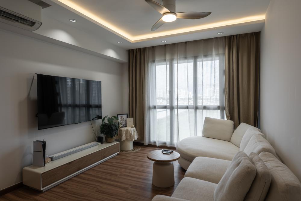 Country Living Room with Vinyl Flooring and Cove Lighting