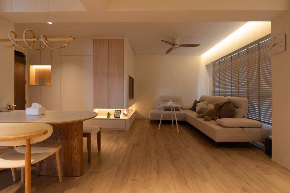 Scandinavian Living Room with TV Console and Feature Wall