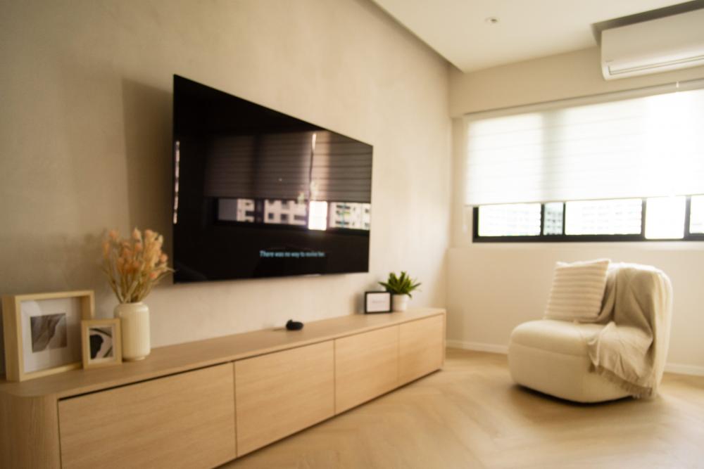 Modern Living Room with Herringbone Tiling and TV