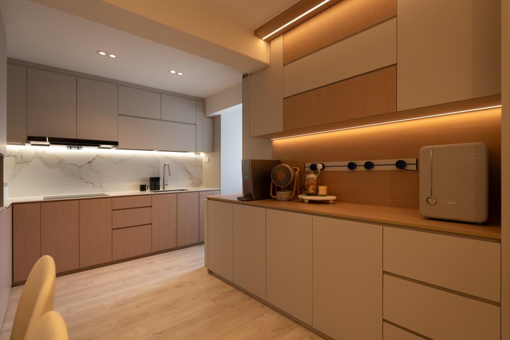 Scandinavian Kitchen with Vinyl Flooring and Kitchen Window