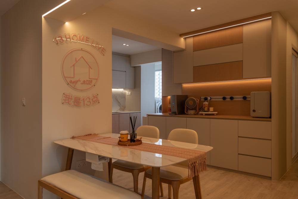 Scandinavian Dining Room with Drop Ceiling and Ceiling Light