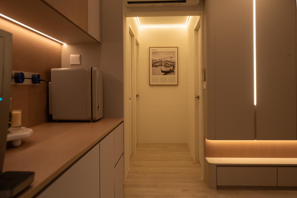 Scandinavian Foyer with Artwork and Doors