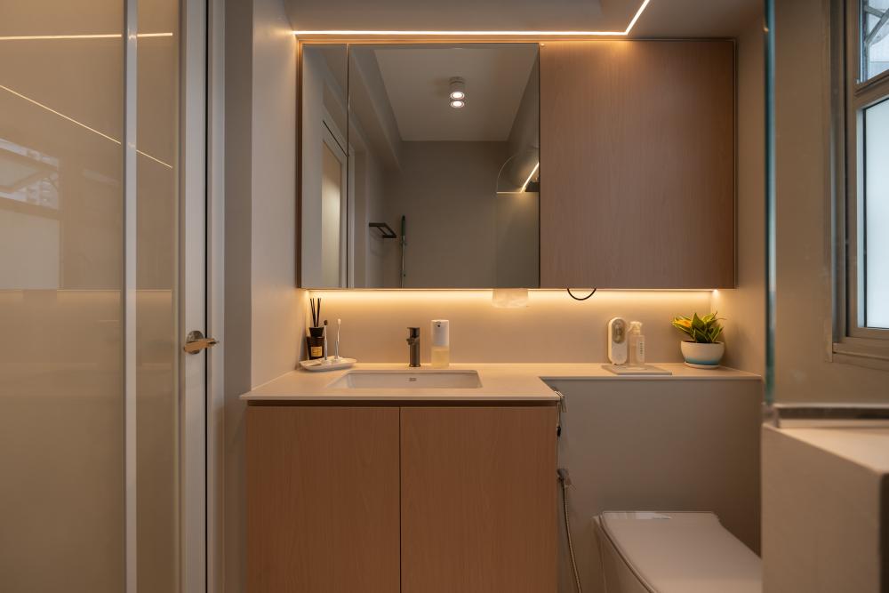 Scandinavian Bathroom with Countertop and Mirror
