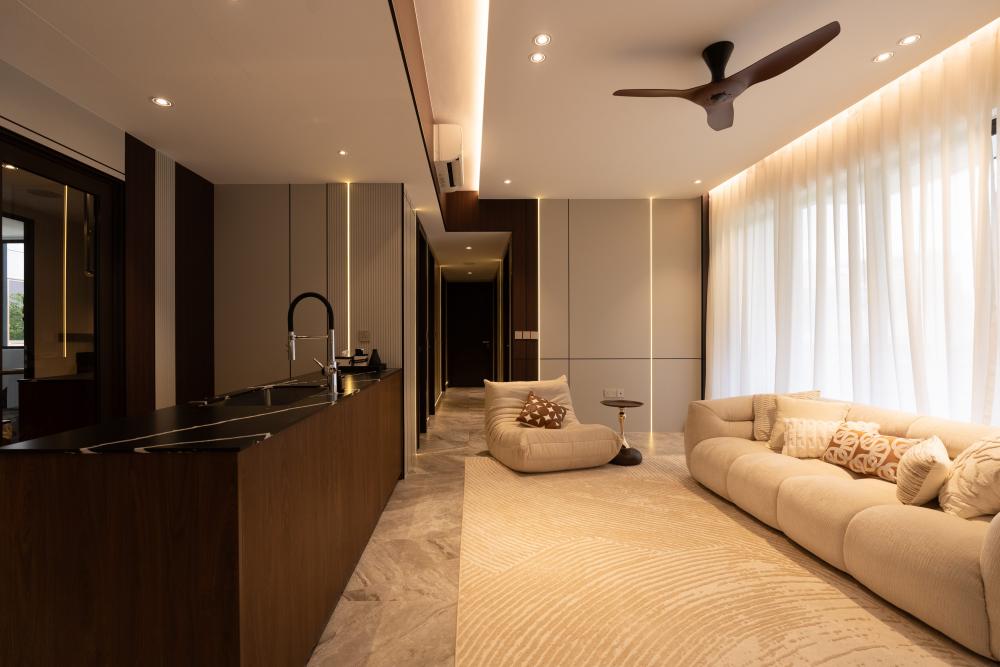 Contemporary Living Room with Homogeneous Tiles and TV Console