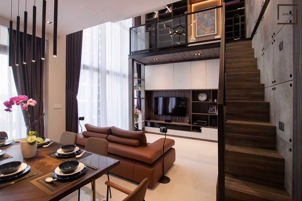 Industrial Living Room with Homogeneous Tiles and TV Console