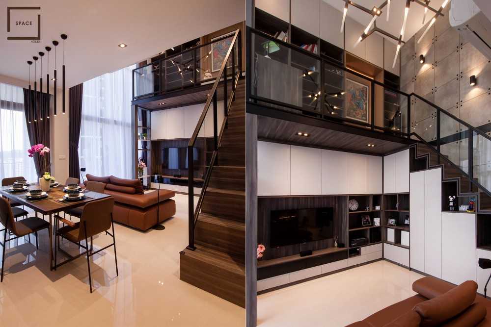 Industrial Living Room with Homogeneous Tiles and TV Console