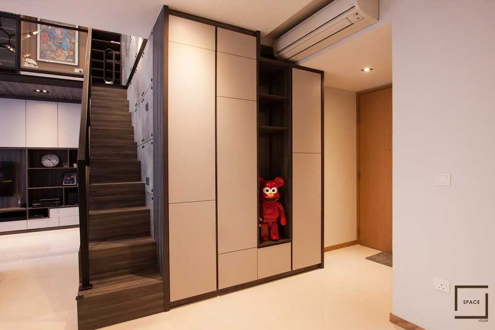 Industrial Living Room with Homogeneous Tiles and TV Console