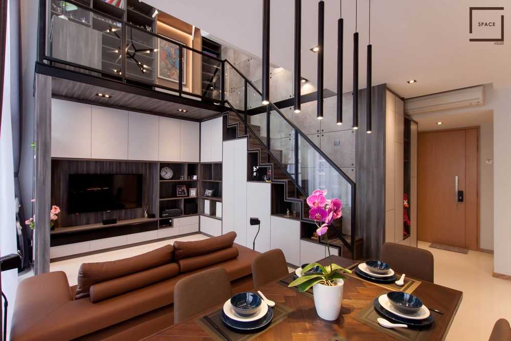 Industrial Living Room with Homogeneous Tiles and TV Console