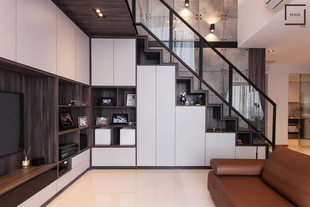 Industrial Living Room with Homogeneous Tiles and TV Console
