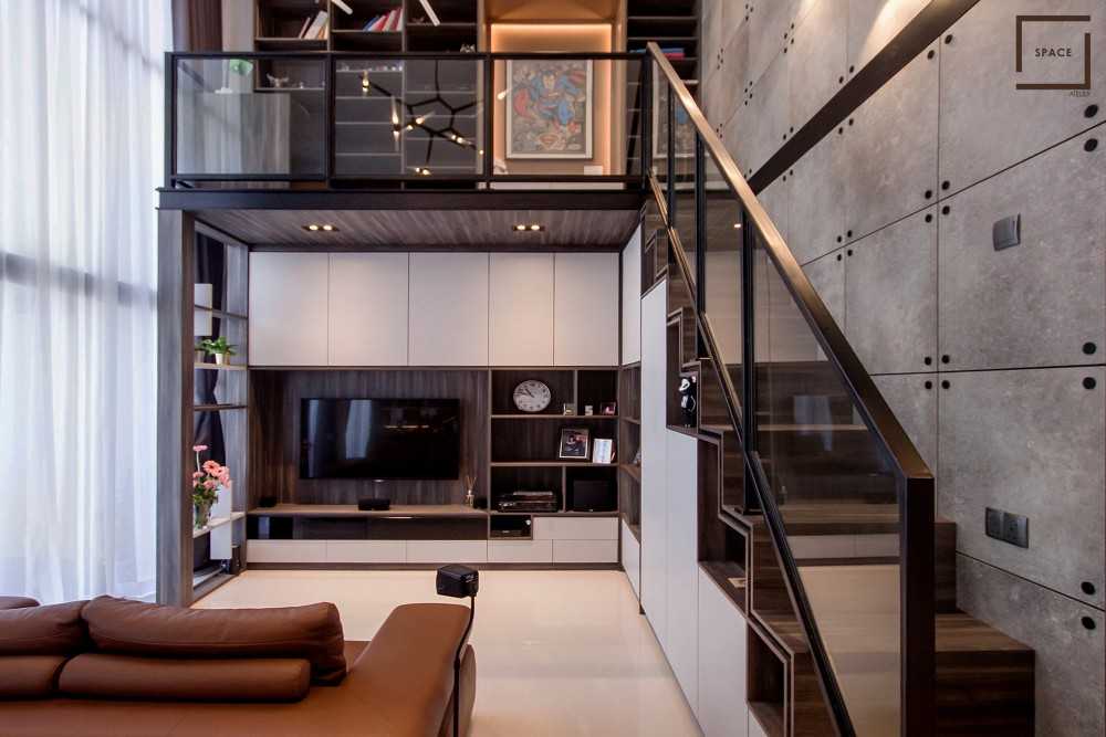 Industrial Living Room with Homogeneous Tiles and TV Console
