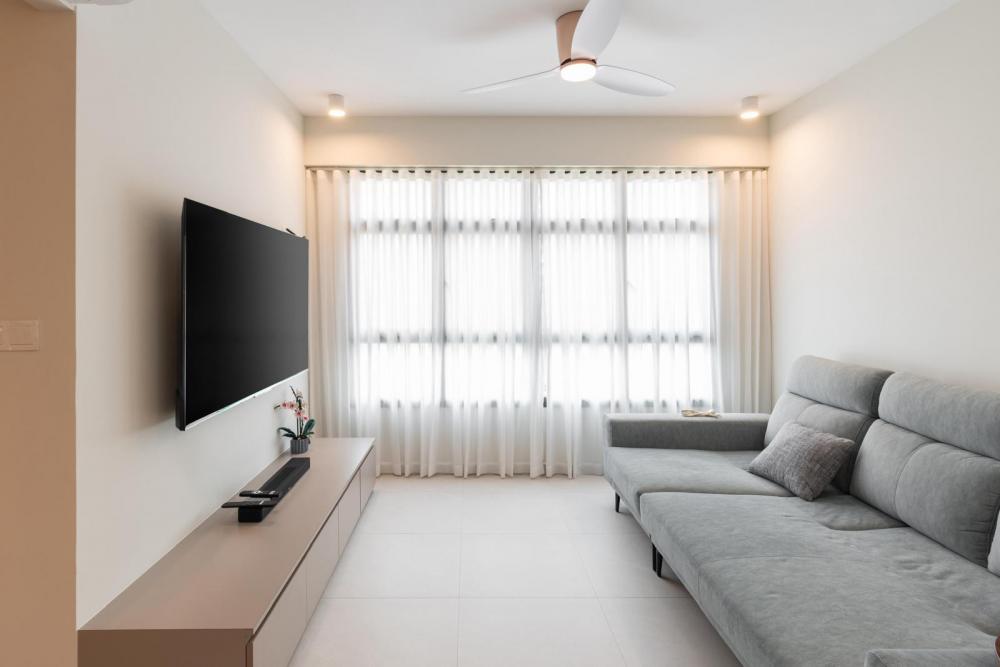 Modern Living Room with Homogeneous Tiles and TV Console