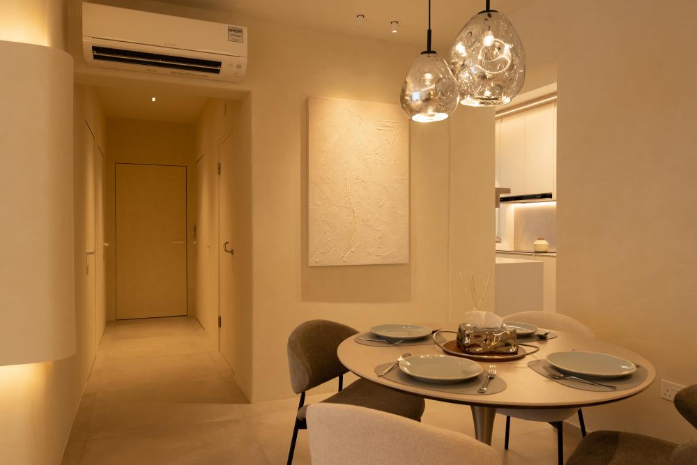 Minimalist Dining Room with Drop Light and Dining Table