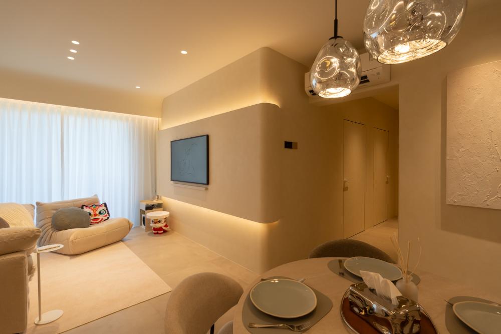Minimalist Living Room with Homogeneous Tiles and Sofa