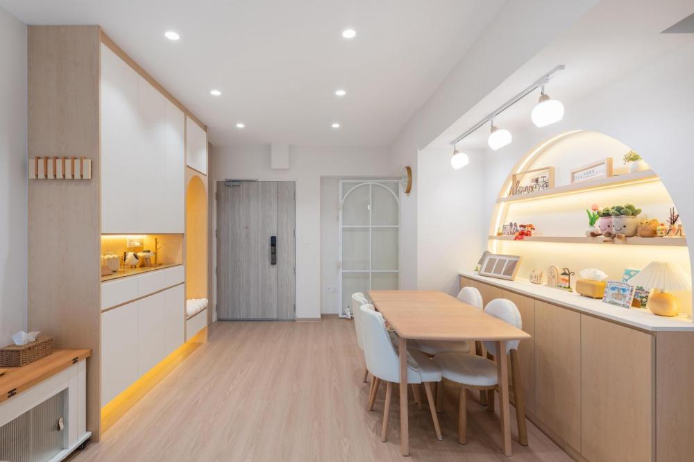 Contemporary Living Room with Bookshelf and Vinyl Flooring