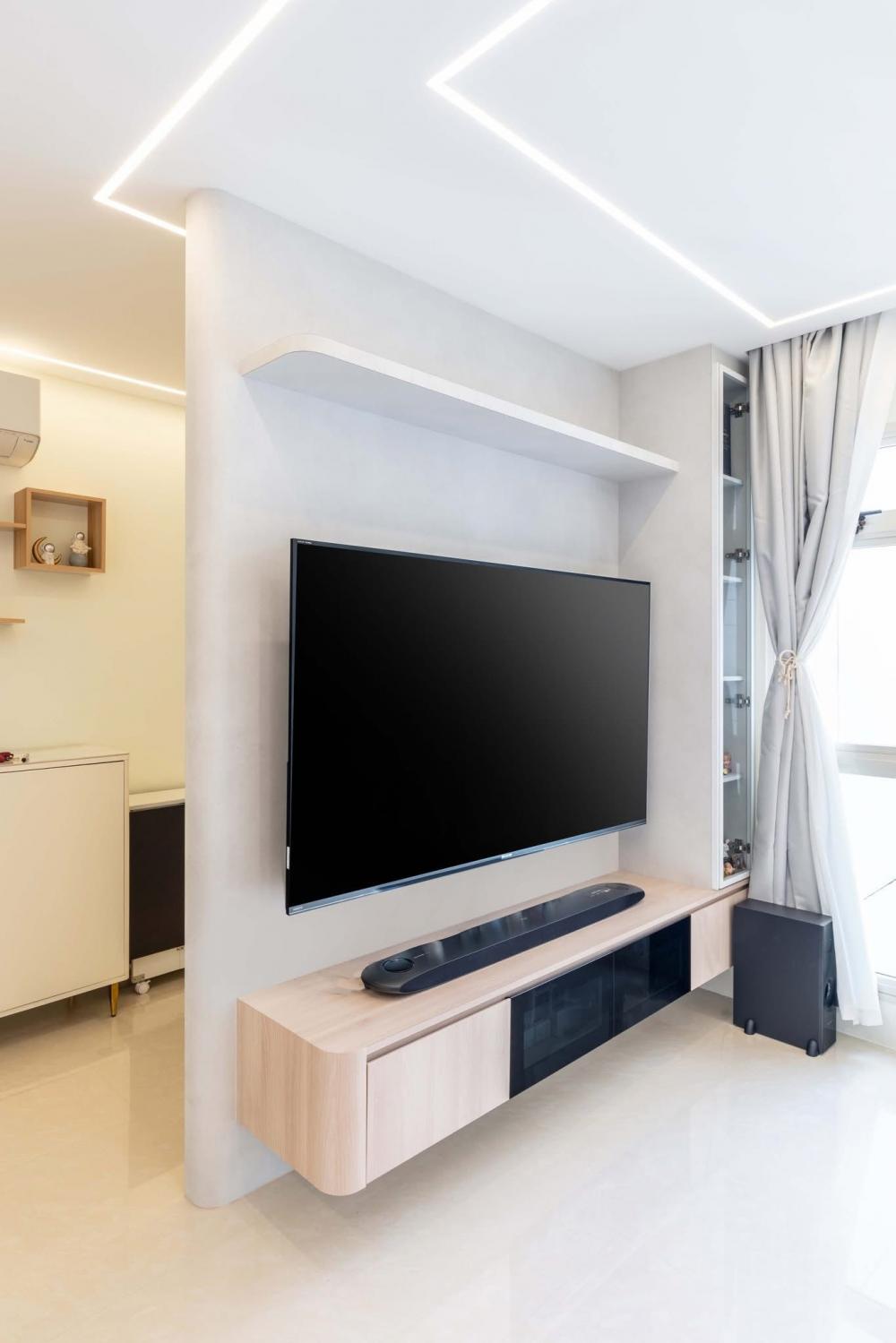 Contemporary Living Room with Homogeneous Tiles and TV Console