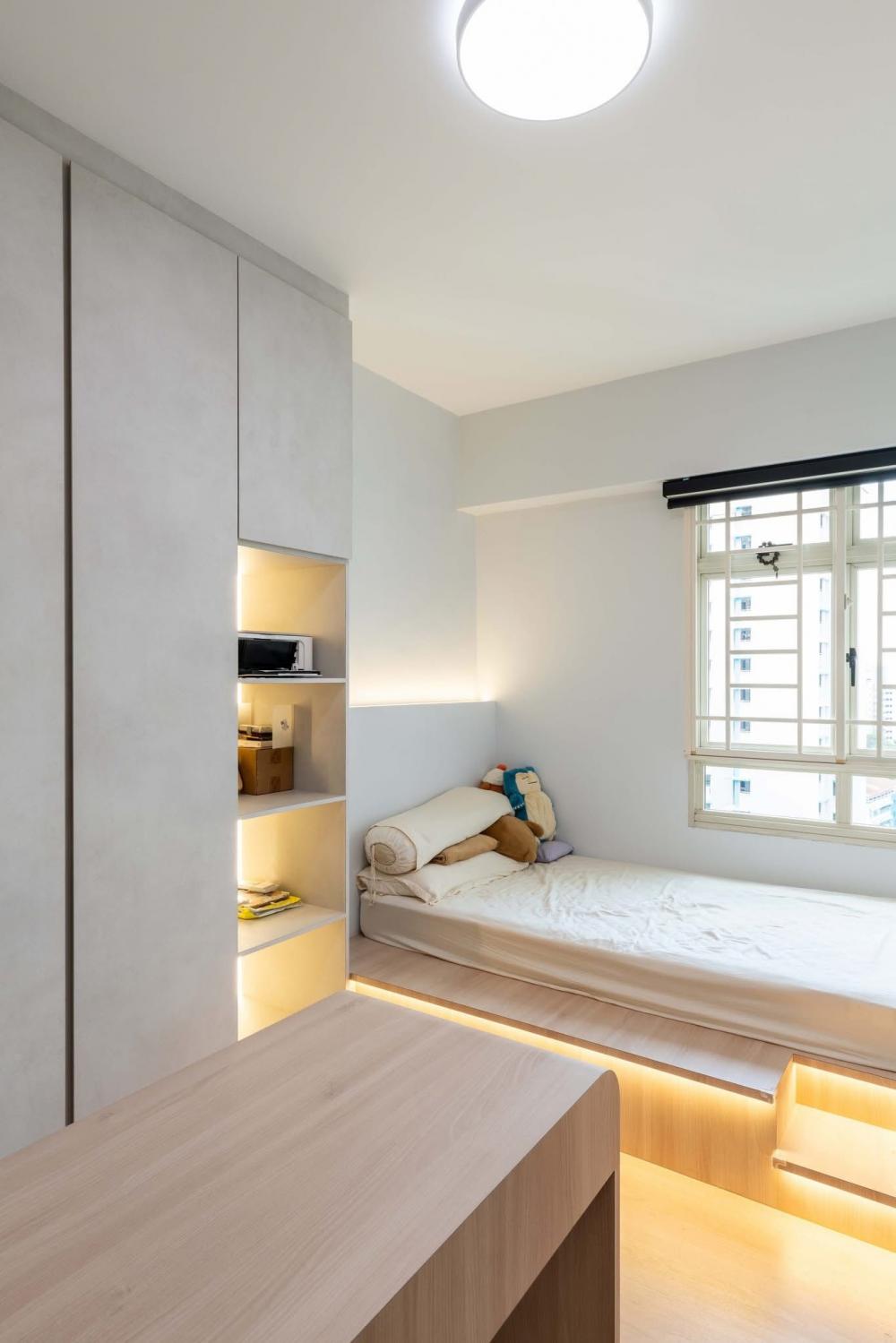 Contemporary Bedroom with Bookshelf and Platform Bed