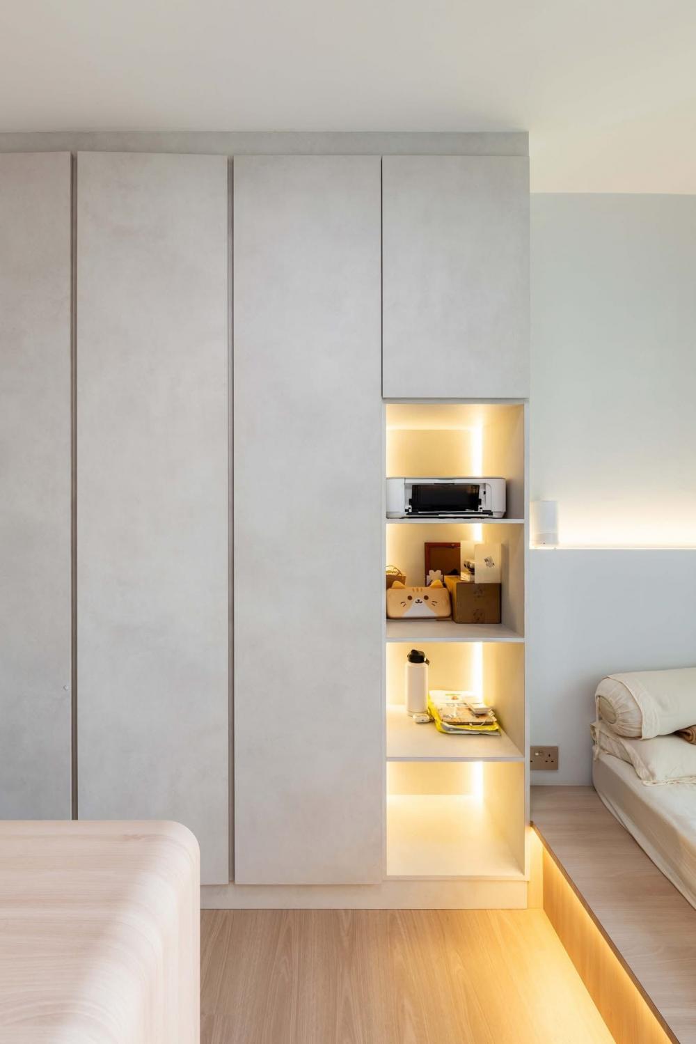 Contemporary Bedroom with Bookshelf and Platform Bed