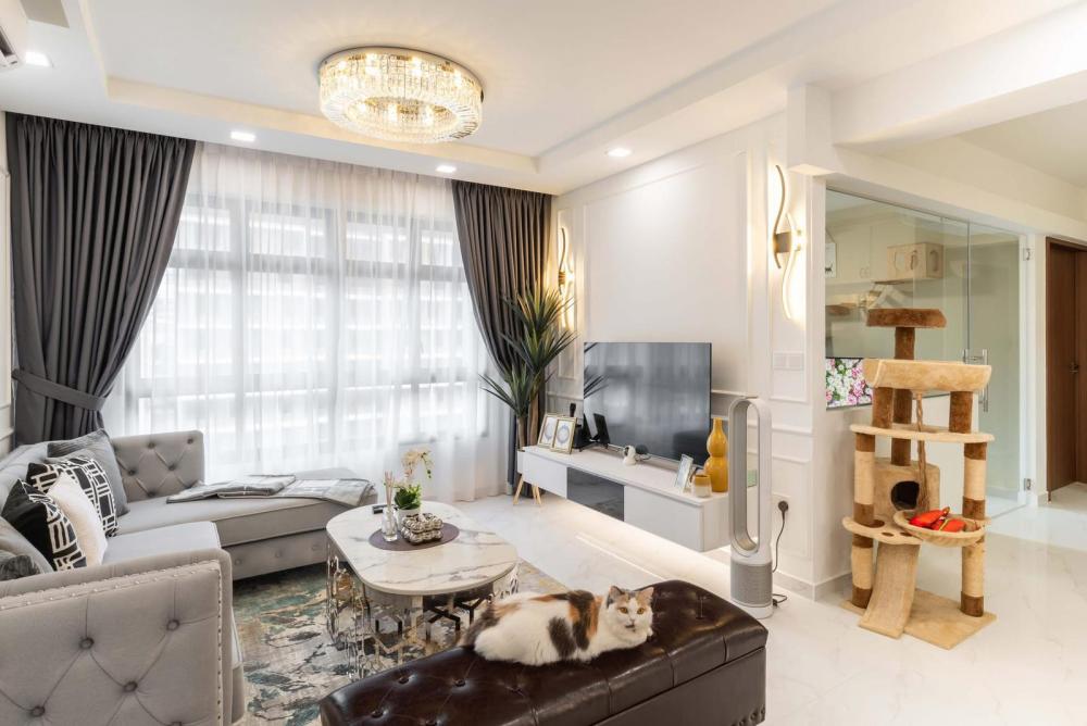 Modern Living Room with Homogeneous Tiles and TV Console