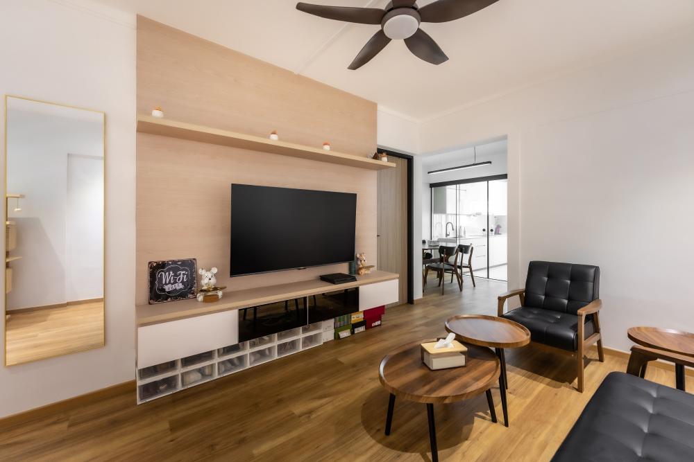 Scandinavian Living Room with TV Console and Feature Wall