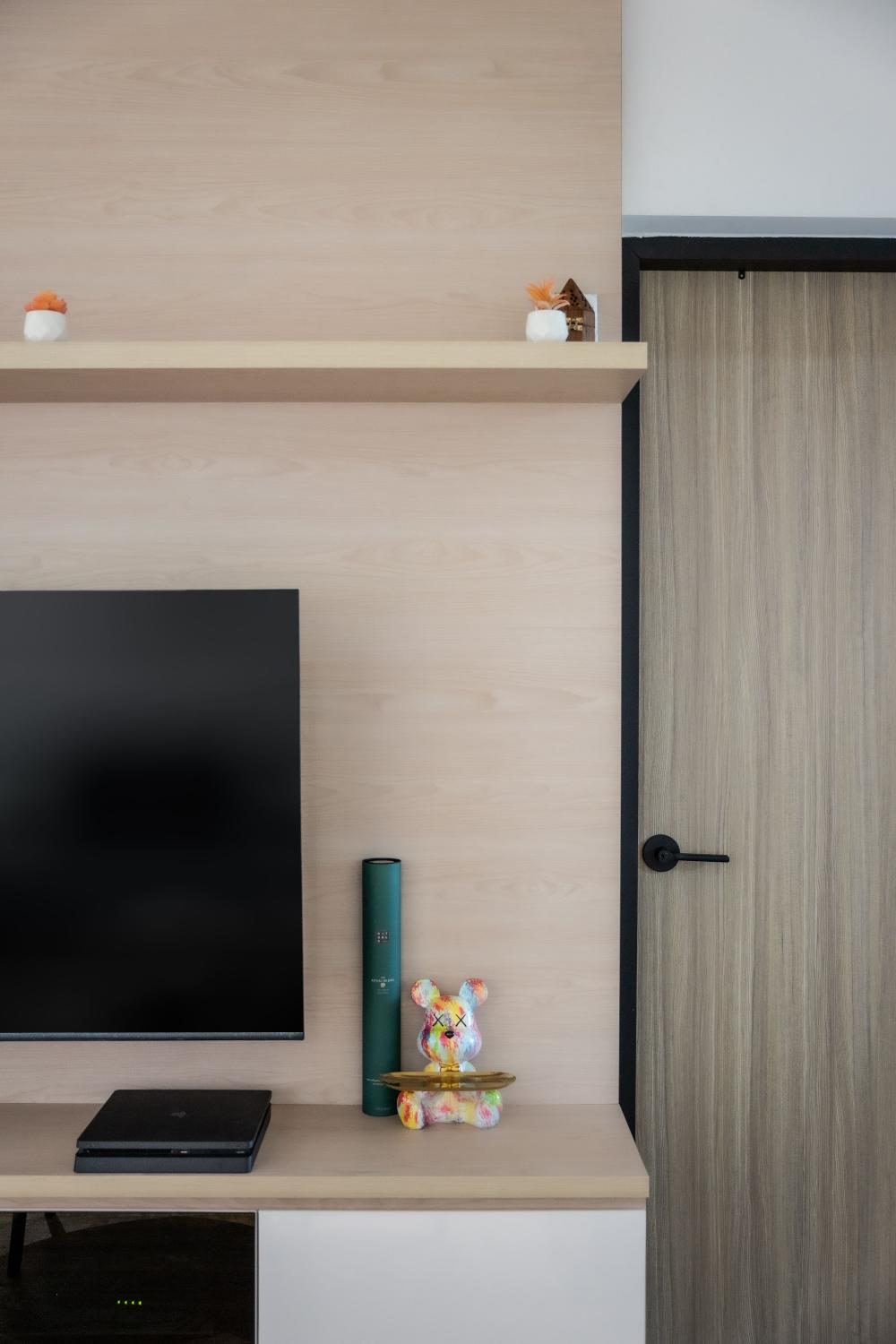 Scandinavian Living Room with TV Console and Feature Wall