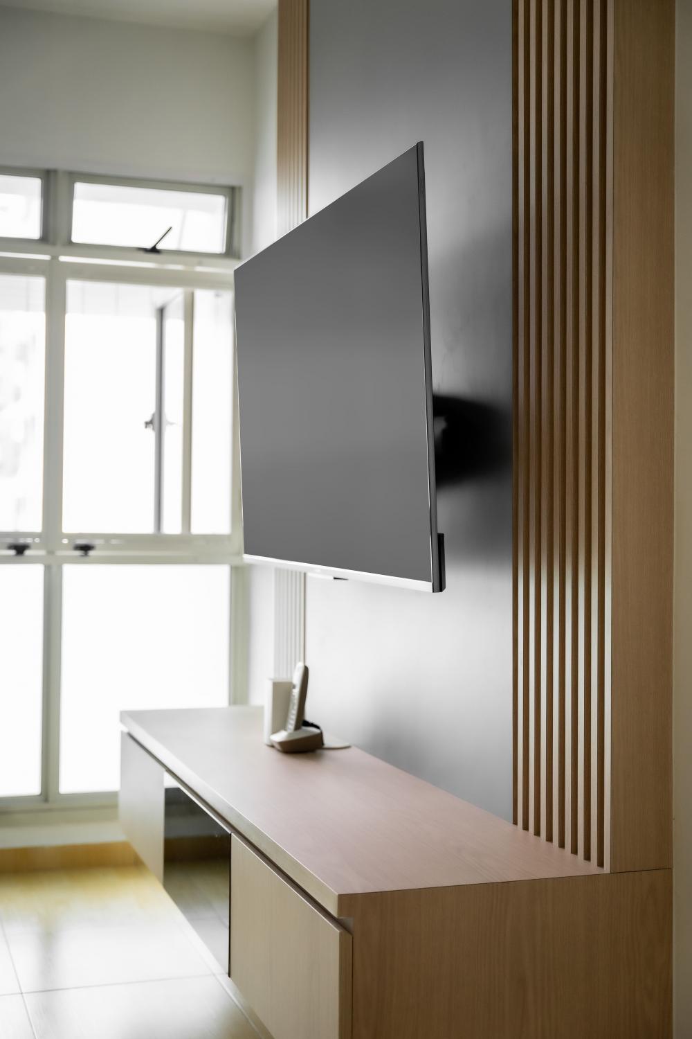 Scandinavian Living Room with Wood Flooring and TV Console