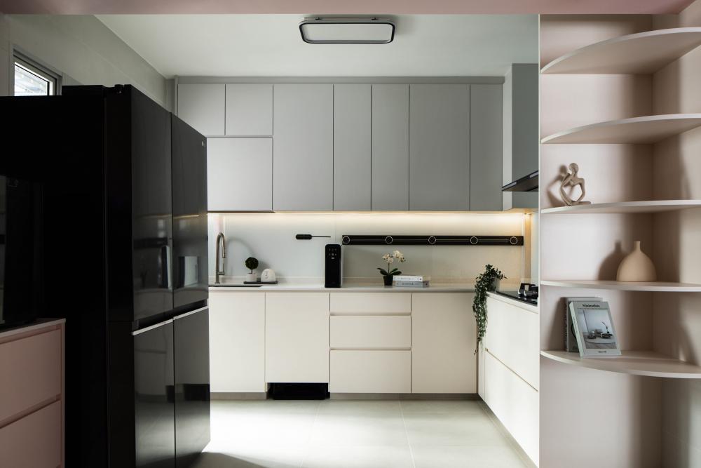 Modern Kitchen with Countertop and Herringbone Tiling