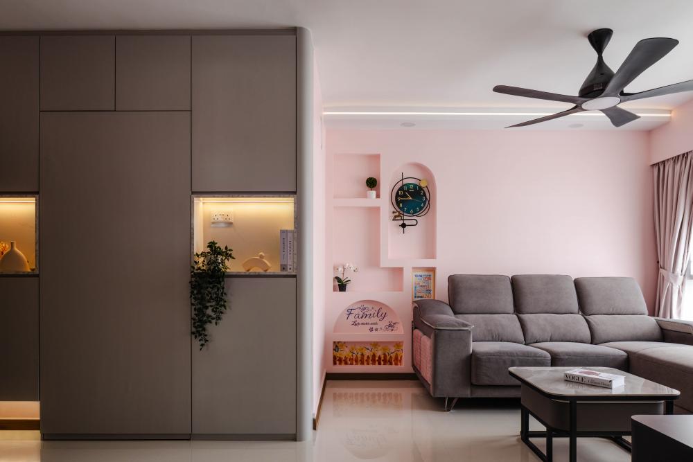 Modern Living Room with Homogeneous Tiles and Display Cabinets