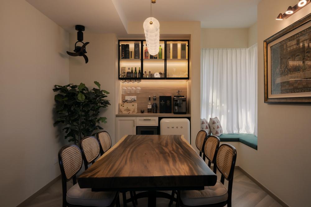 Eclectic Dining Room with Drop Light and Ceiling Light