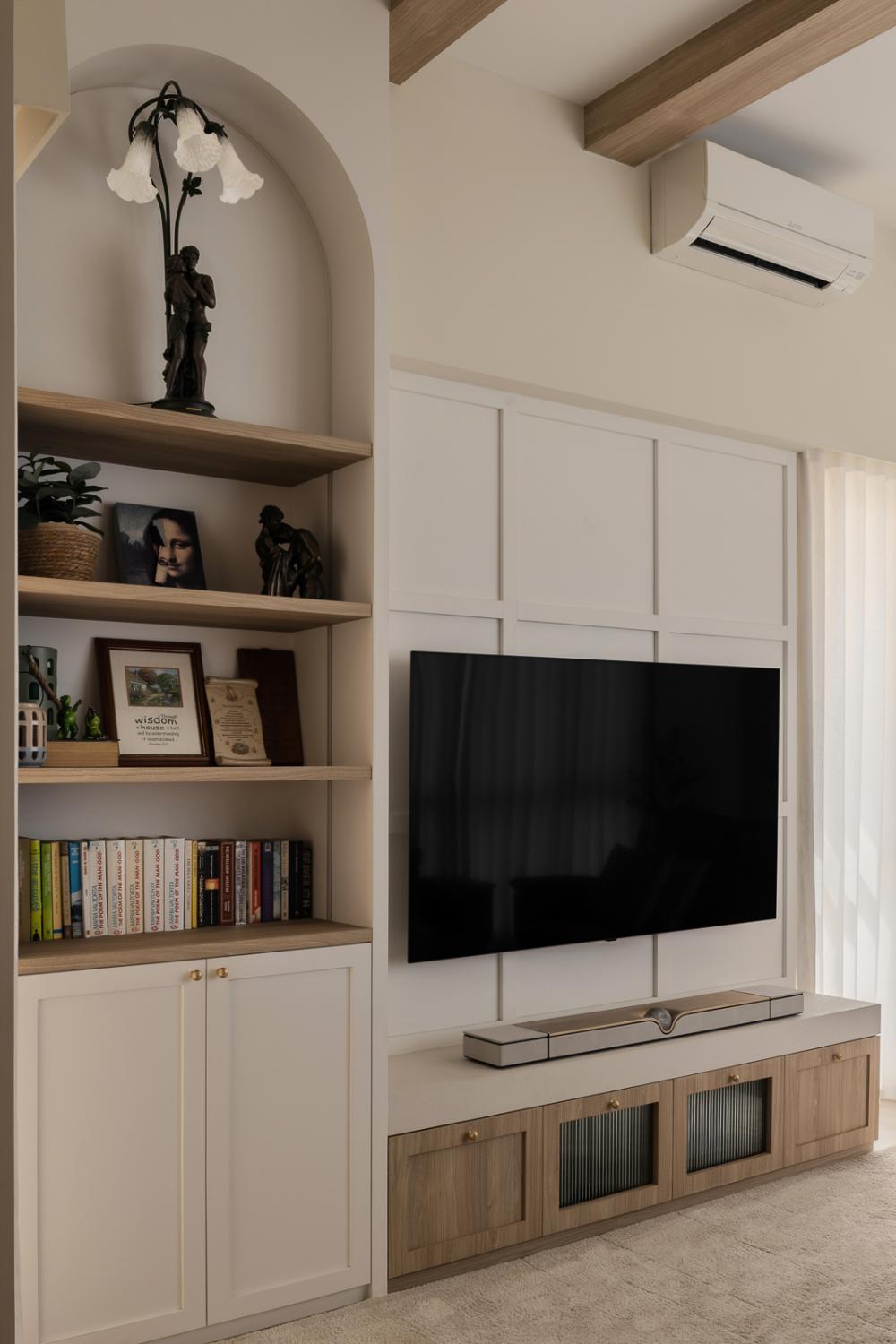 Eclectic Living Room with TV Console and Feature Wall