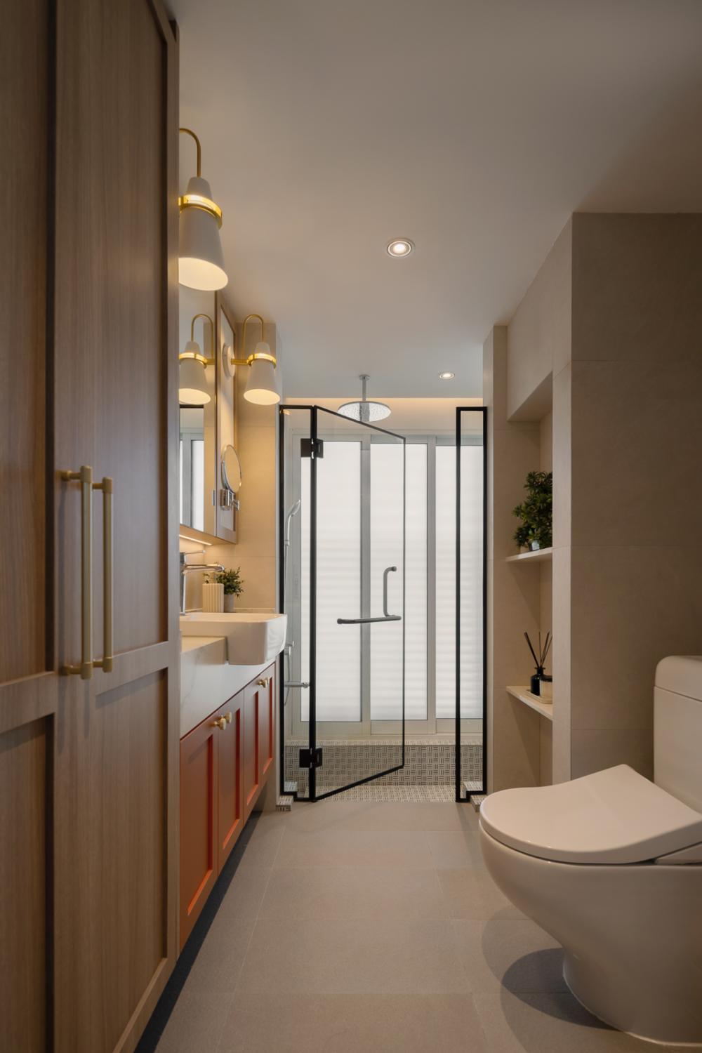 Eclectic Bathroom with Homogeneous Tiles and Mirror