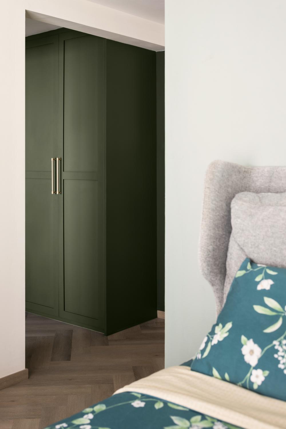 Eclectic Bedroom with Herringbone Tiling and Wardrobe