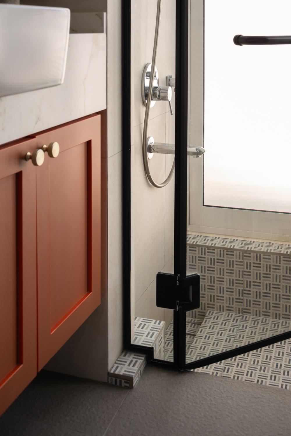 Eclectic Bathroom with Homogeneous Tiles and Shower Screen
