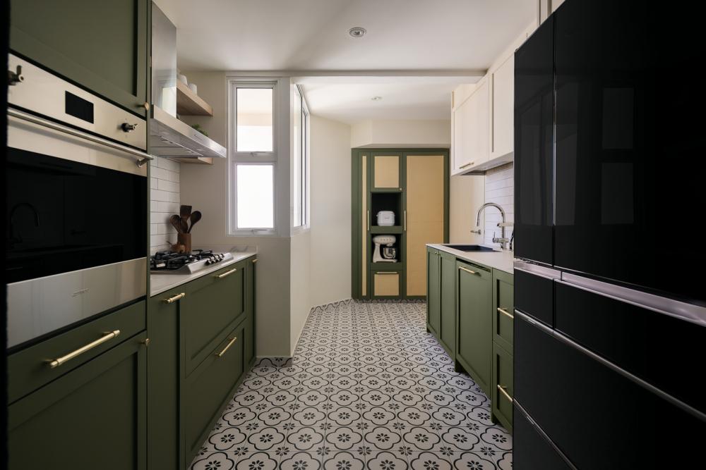 Eclectic Kitchen with Homogeneous Tiles and Cupboard