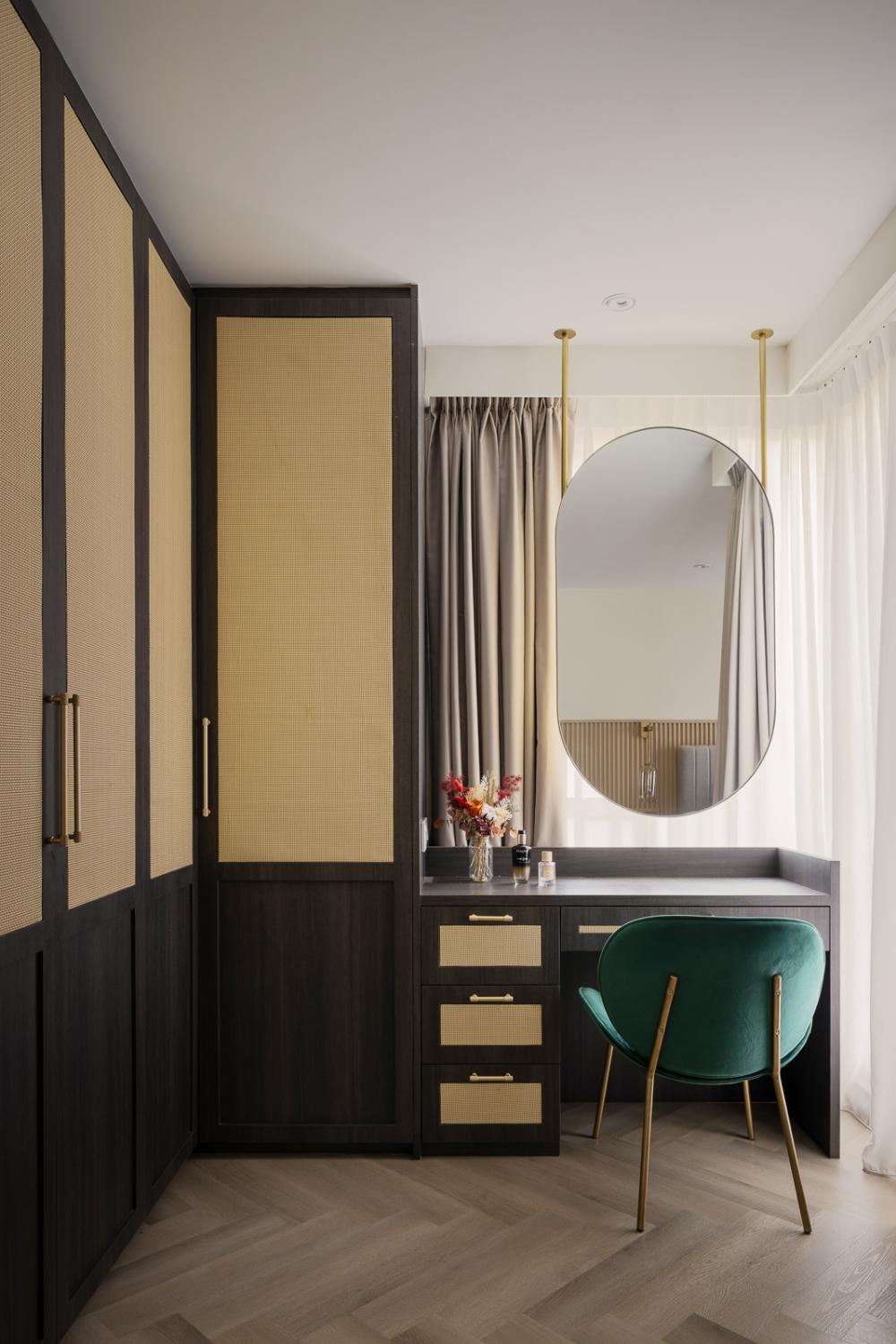 Eclectic Bedroom with Herringbone Tiling and Mirror