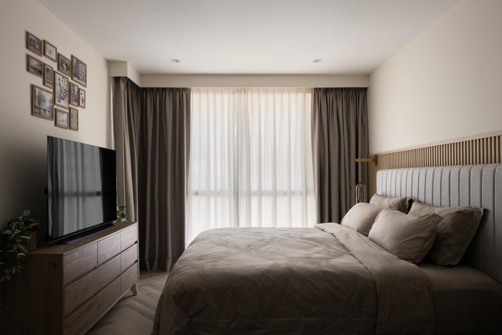 Eclectic Bedroom with Herringbone Tiling and Curtain