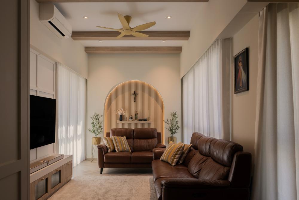 Eclectic Living Room with TV Console and Feature Wall