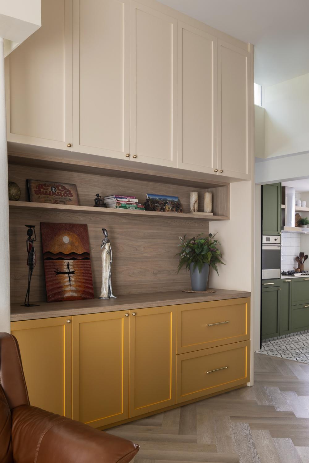 Eclectic Living Room with Herringbone Tiling and Storage Cabinets