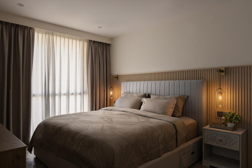 Eclectic Bedroom with Curtain and Bedside Table