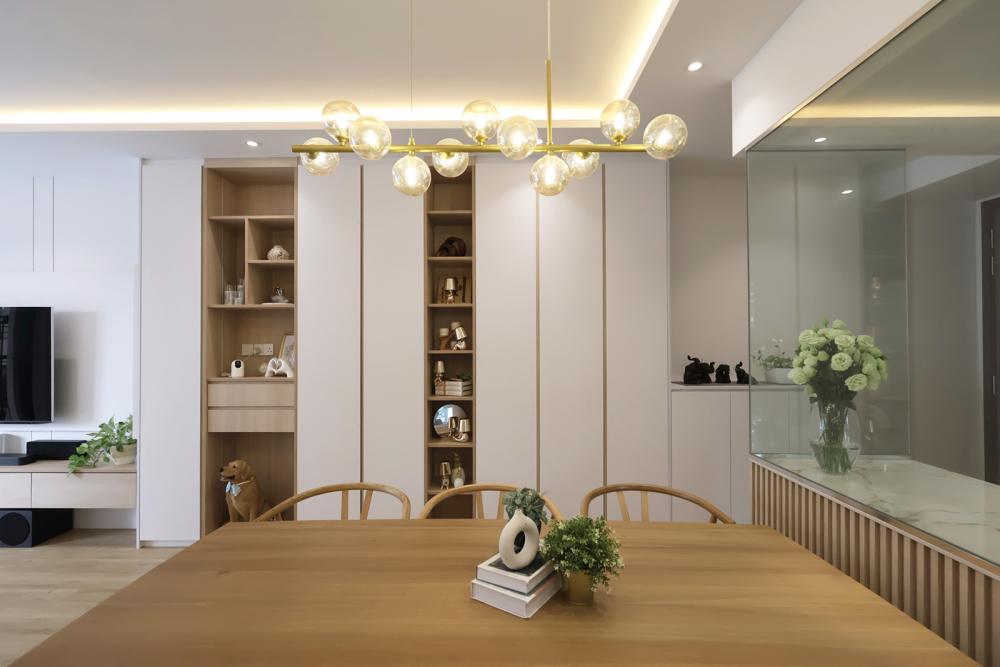 Scandinavian Dining Room with Chandelier and Dining Table