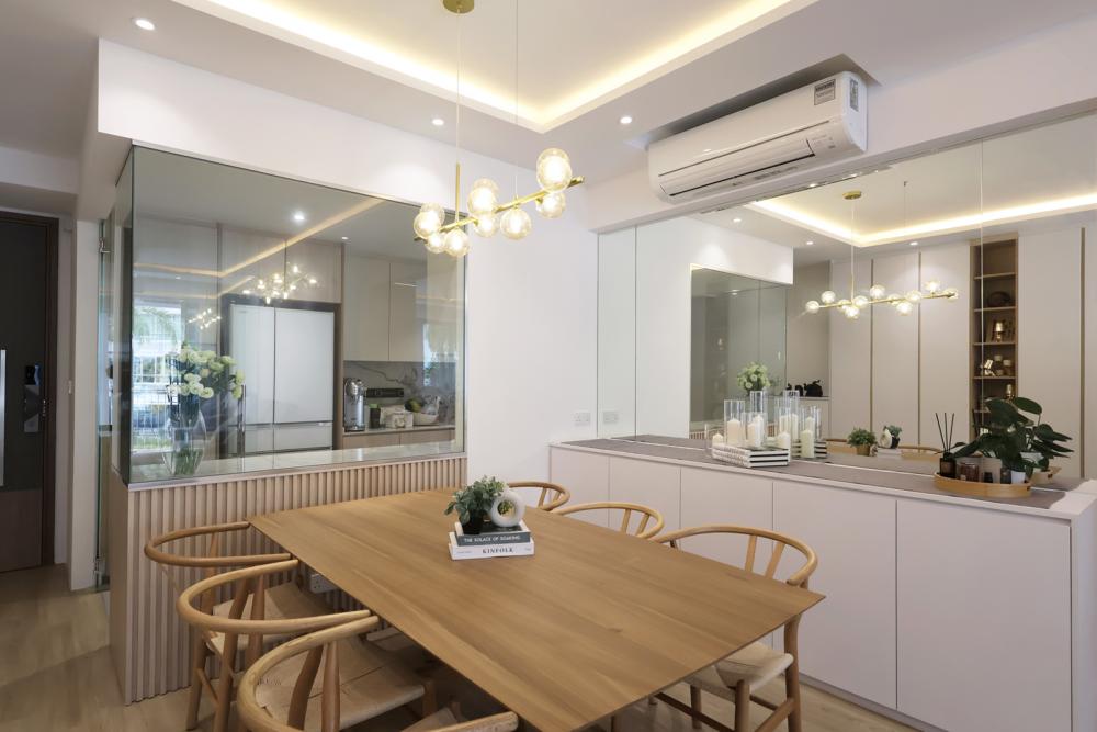 Scandinavian Dining Room with Ceiling Light and Chandelier