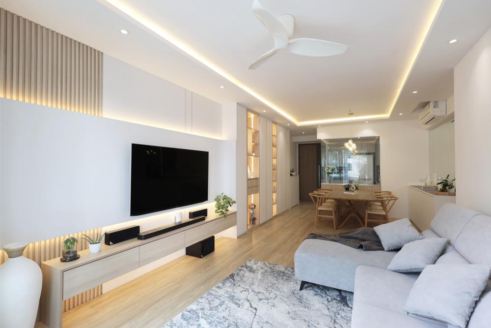 Scandinavian Living Room with TV Console and Ceiling Light
