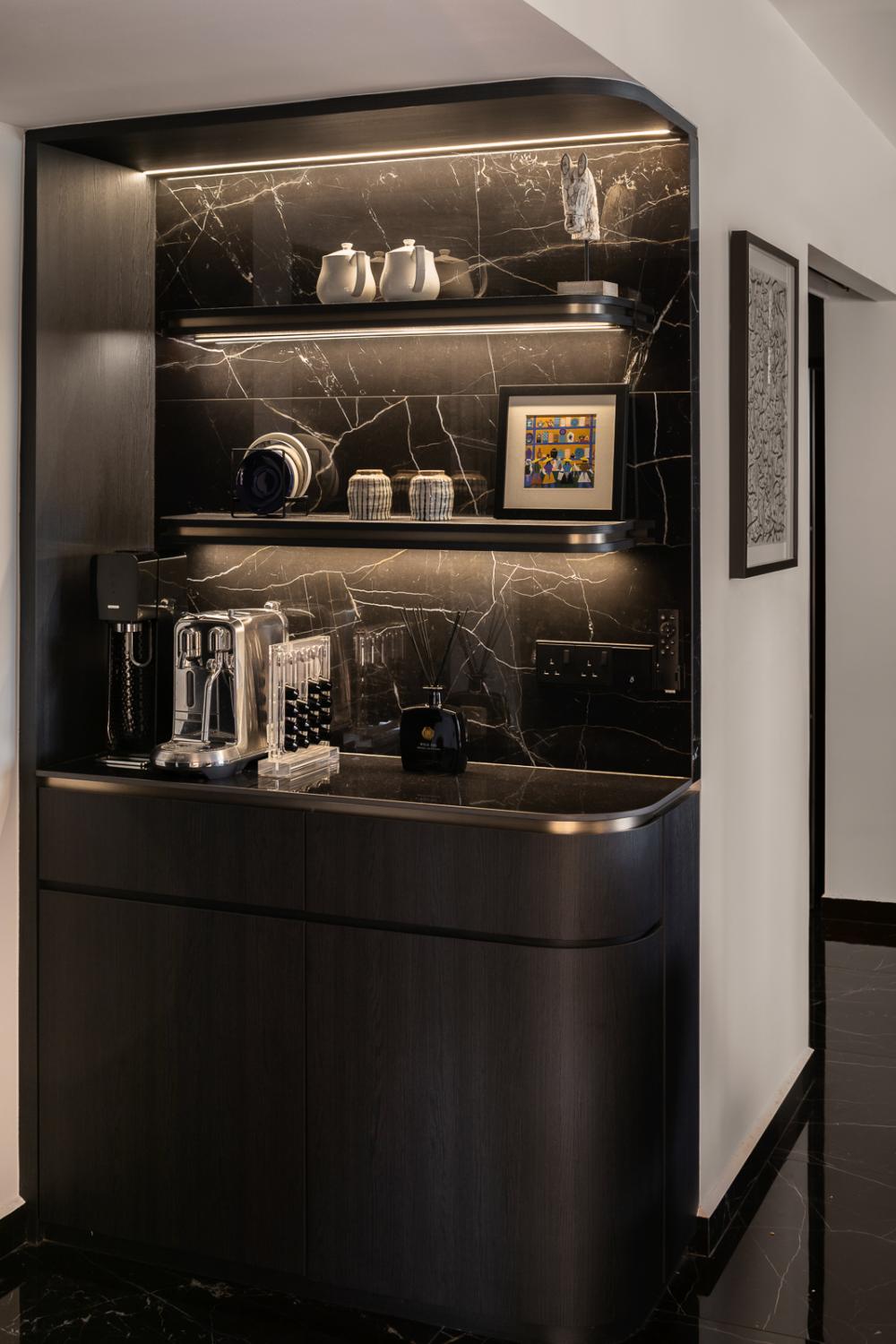 Asian Dining Room with Kitchen Backsplash and Storage Cabinets