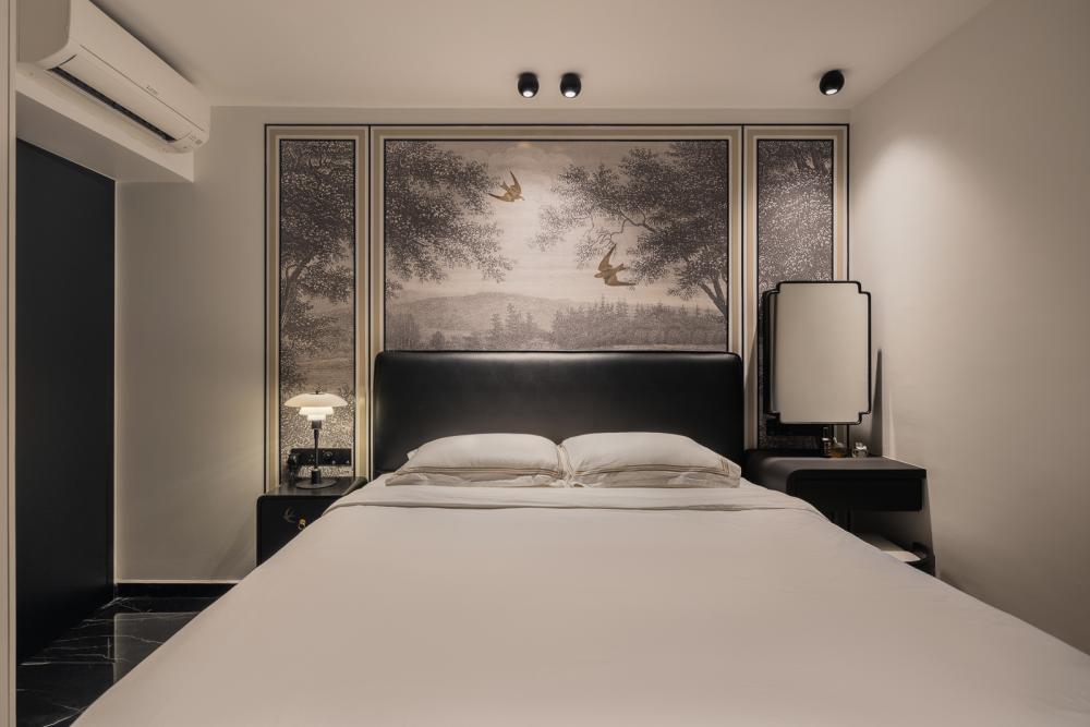 Asian Bedroom with Artwork and Wallpaper