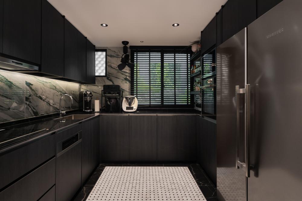 Asian Kitchen with Marble Floor and Mosaic