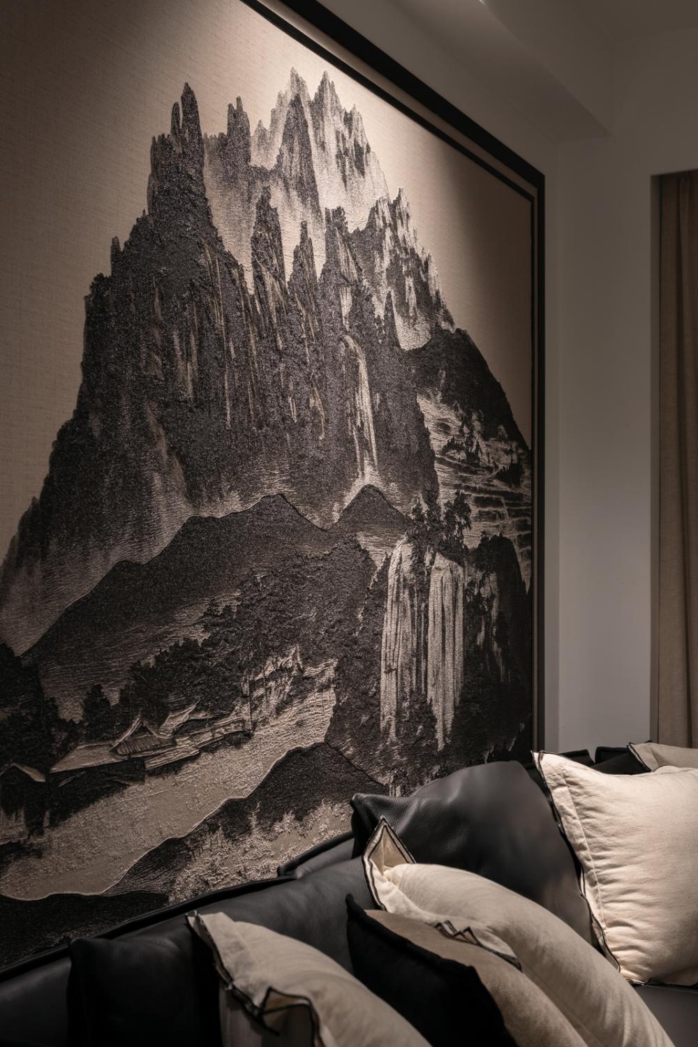 Asian Living Room with Artwork and Wallpaper