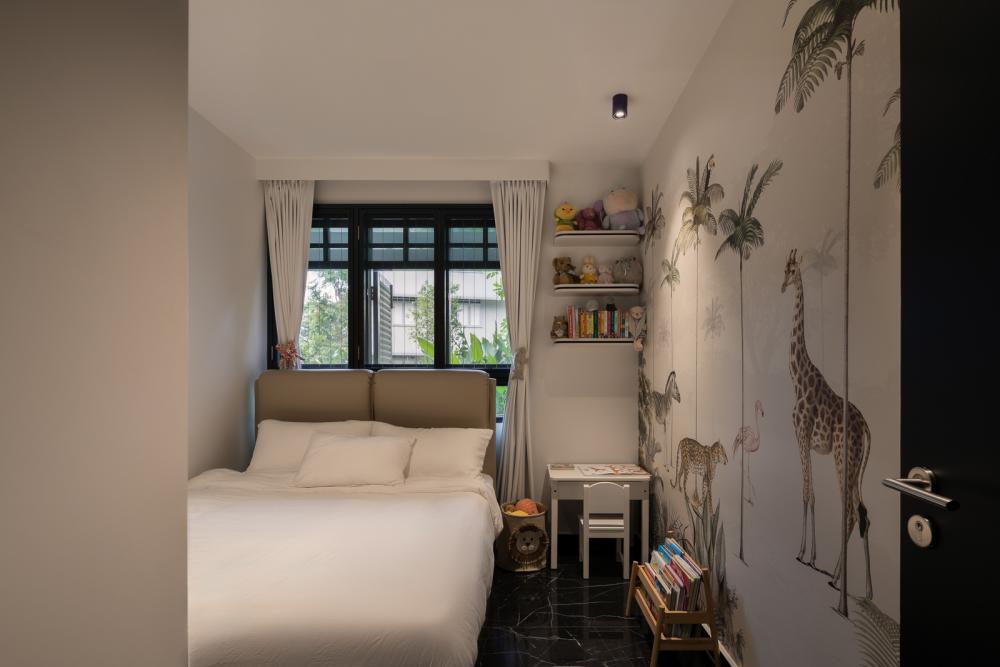 Asian Bedroom with Bookshelf and Marble Floor